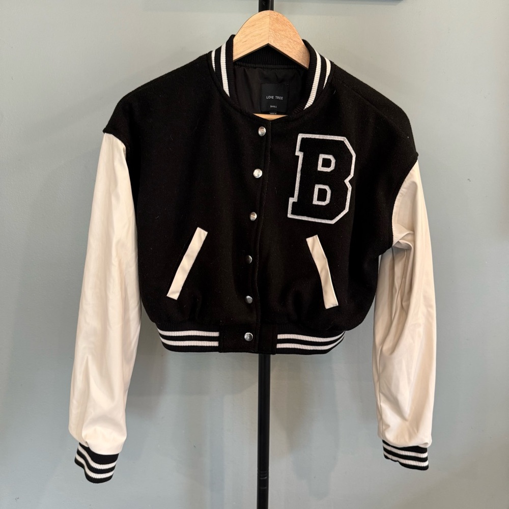 Love Tree Black Bomber Jacket with White Trim